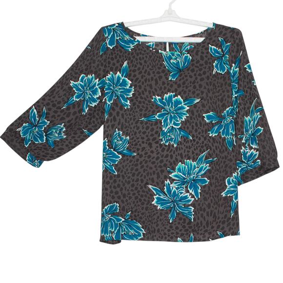 Apt 9 Top 3/4 Sleeve Floral Animal Print Boho Casual Tie Back Gray Blue Size XXL - Picture 6 of 6